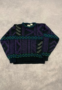 Vintage Knitted Jumper Patterned Knit with Leather Trim