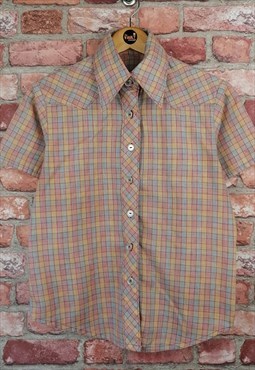 Vintage 80s Check Short Sleeve Western Cowboy Blouse Shirt