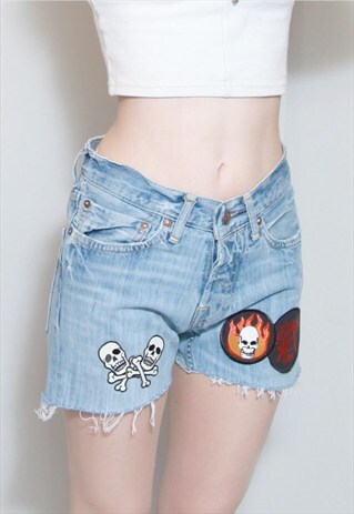 VINTAGE 1990'S DISTRESSED PUNK PATCHED DENIM SHORTS