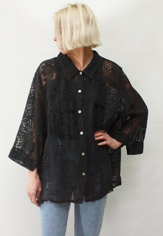 VINTAGE 80' AMAZING TRANSPARENT ELEGANT BLACK SHIRT