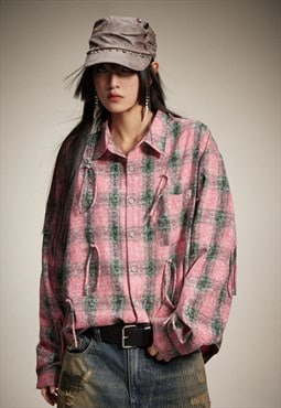 Bleach check shirt lumberjack top plaid tie-dye blouse pink