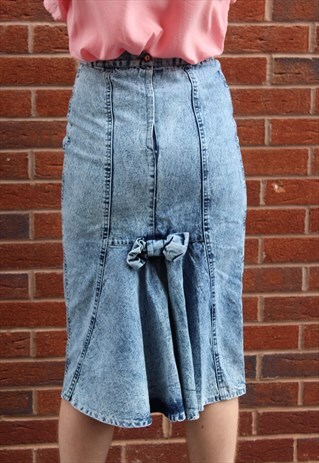 VINTAGE 90'S ACID WASH MIDI DENIM MERMAID SKIRT WITH BOW