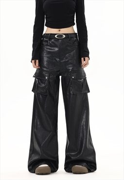 Wide faux leather trousers cargo pocket punk utility pants