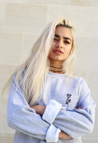 UNISEX SWEATSHIRT IN GREY WITH ROSE EMBROIDERY