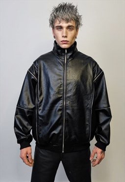 Faux leather biker jacket detachable sleeves rocker bomber