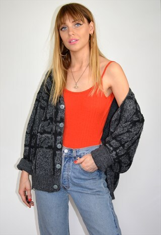 VINTAGE GREY & BLACK WOOL KNITTED CARDIGAN