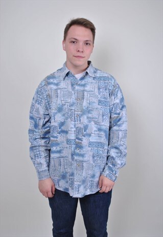BLUE ABSTRACT SHIRT, MENS RETRO BUTTON DOWN, SIZE XL