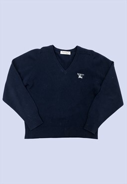 Navy Blue Pure Lambs Wool V Neck Casual Winter Jumper