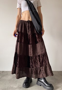  Vintage Y2K 00s brown layered ruffle maxi skirt 