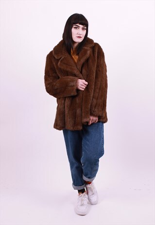 VINTAGE 80'S BROWN SNUGLY FAUX FUR COAT SIZE LARGE