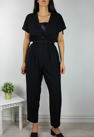 VINTAGE JUMPSUIT W SEQUIN EMBELLISH INSERT & MATCHING BELT