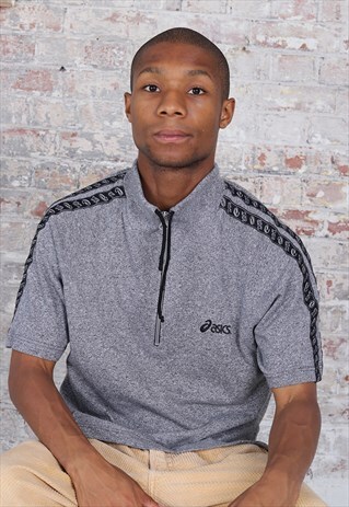 VINTAGE ASICS TAPE LOGO 1/4 ZIP POLO SHIRT GREY