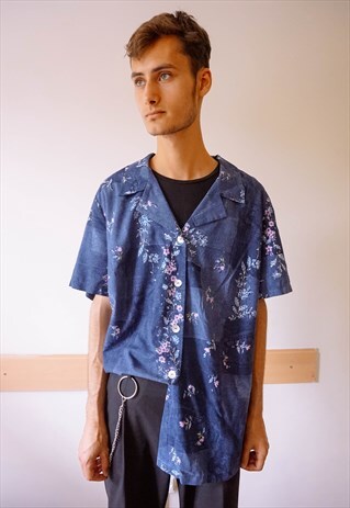 VINTAGE FLOWER PATTERNED BLUE SHIRT