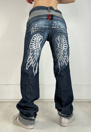 Vintage Y2k Jeans Angel Wings Graphic Print Low Rise Loose