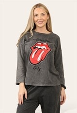 justyouroutfit Lips Distressed Acid Wash T-Shirt Charcoal