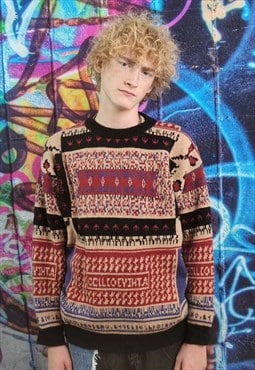 Retro sweater Aztec print top vintage pattern jumper in red