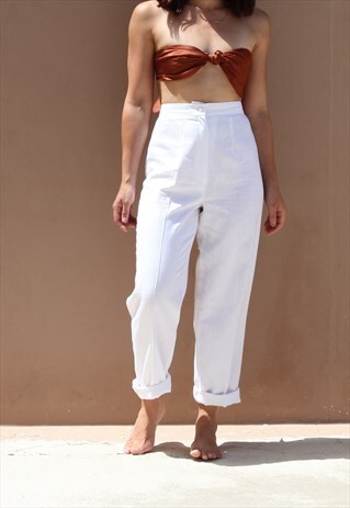 WHITE PURE LINEN HIGH WAIST STRAIGHT LEG TAPERED TROUSERS