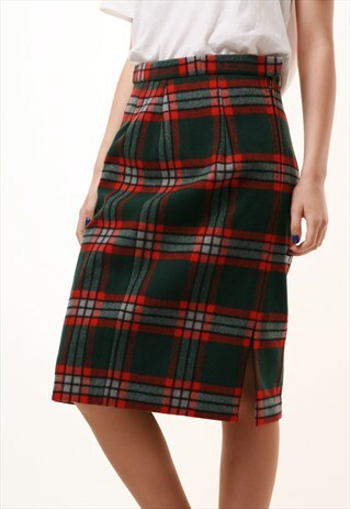 80S VINTAGE WOOL CHECKED MIDI PENCIL SKIRT 974