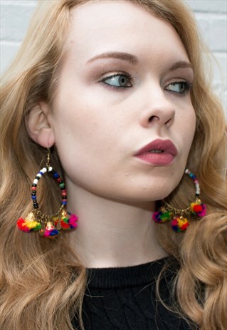 HANDMADE MULTICOLOUR POM POM & BEADS DANGLING HOOP EARRINGS