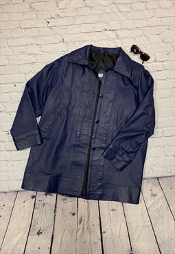 Blue Faux Leather Long Jacket