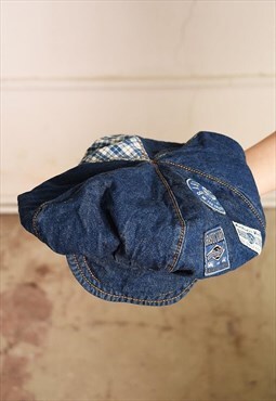 Vintage 80s retro denim beret snap hat blue logo