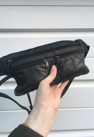 UNISEX VINTAGE BLACK LEATHER FESTIVAL BOHO BUMBAG HAND BAG