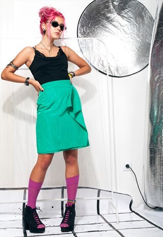 VINTAGE SKIRT 80S TURQUOISE FRILL HIGH-WAISTED MIDI SKIRT