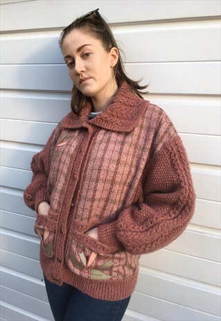 WOMENS VINTAGE 80S FLORAL PATTERN PINK KNIT CARDIGAN JACKET