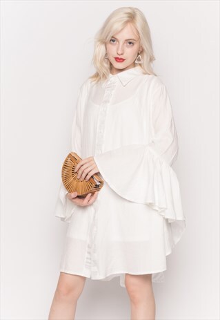 OVERSIZED SHIRT WITH FRILLED SLEEVES AND MESH BACK IN WHITE