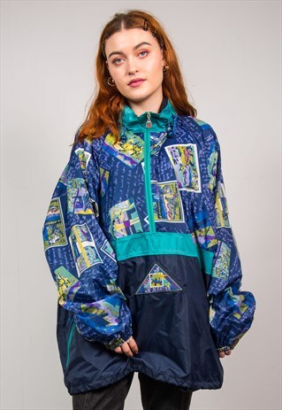 VINTAGE 90'S GREEN & BLUE PATTERNED CAGOULE JACKET