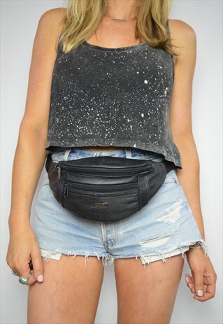 VINTAGE 90S BLACK LEATHER BUM BAG FANNY PACK GRUNGE RETRO