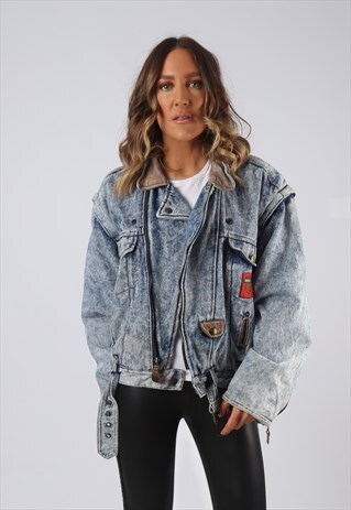 DENIM JACKET 90'S BOMBER LINED OVERSIZED ACID UK 14 (BJDB)