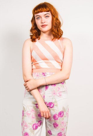 VINTAGE 70'S PINK STRIPED BACKLESS RIBBED VEST TOP
