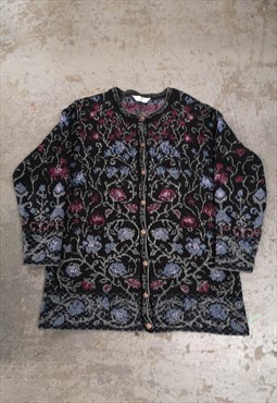 Vintage Knitted Patterned Cardigan Black Flower