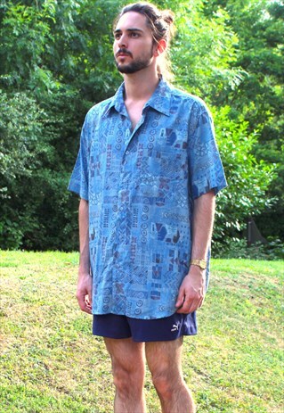 VINTAGE 90S ART AZTEC NERD SHIRT - XL - FESTIVAL - ABSTRACT