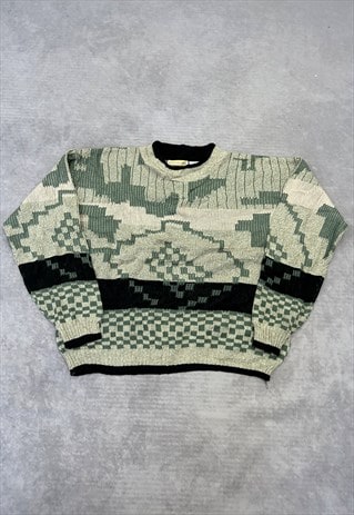 VINTAGE KNITTED JUMPER ABSTRACT PATTERNED GRANDAD SWEATER