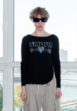 Y2K Vintage lovely embellished jumper top in black & silver