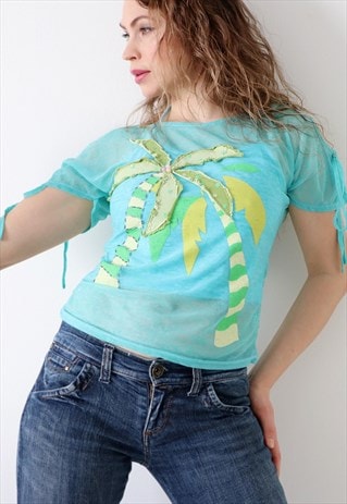 VINTAGE MESH TOP DRAWSTRING DETAILS TROPICAL 90S T-SHIRT