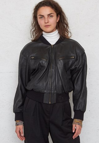 VINTAGE BLACK LEATHER BOMBER JACKET