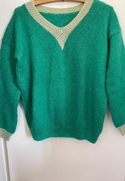 Knitted Green V Neck Angora Knitted Jumper Sweater Cosy