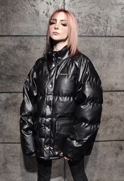 Faux leather bomber jacket y2k quilted puffer in solid black
