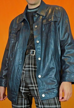 Vintage Real Leather Button Down Oversized Jacket Blue Y2K