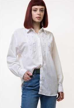 80s Vintage Floral Embroidered Cotton Shirt 4910
