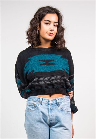 90'S VINTAGE GRUNGE PATTERNED CROPPED KNIT JUMPER
