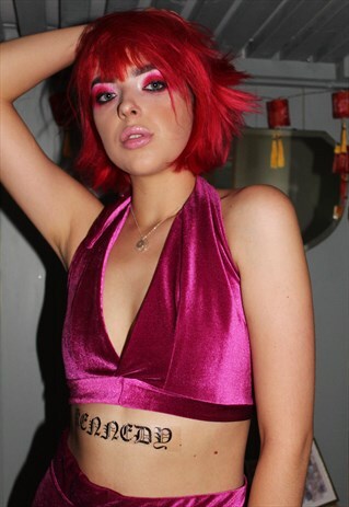 PRETTY PINK ROSE VELVET HALTER TOP