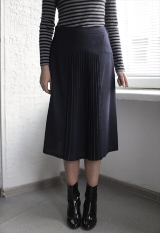 VINTAGE 80'S NAVY HIGH WAISTED PLEATED FRONT SKIRT