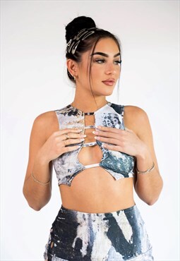 EUNOIA by Emily S/S23 Brown Print Strap Detail Crop Top 