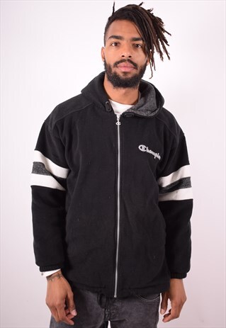 CHAMPION MENS VINTAGE FLEECE HOODIE JUMPER MEDIUM BLACK 90S