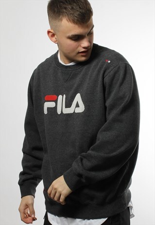 VINTAGE FILA SPELL OUT LOGO SWEATER IN GREY