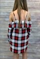 RED CHECKED COLD SHOULDER LONG SHIRT